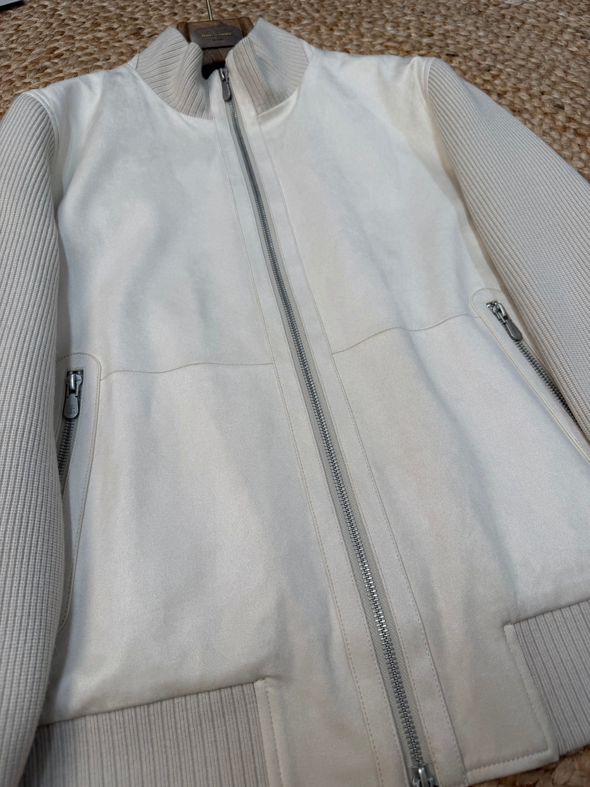 Brunello Cucinelli Suede and Wool Knit Bomber Jacket "Ivory"