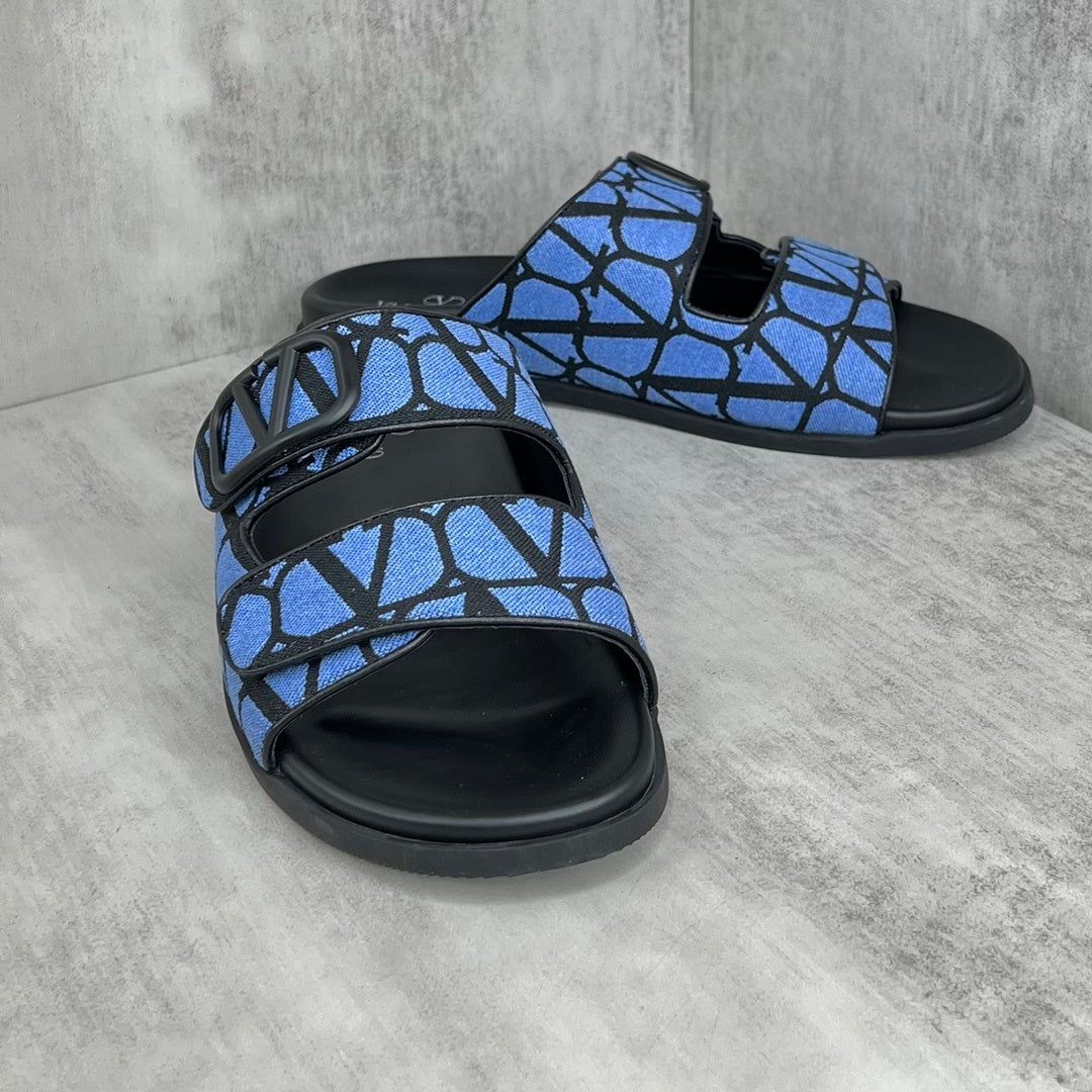 Valentino Garavani VLogo Toile Iconographe Double-Strap Sandals "Blue-Black"
