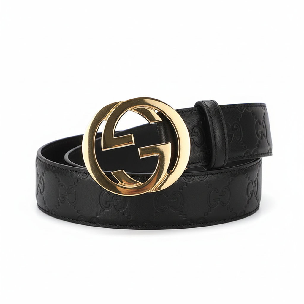 Gucci Leather Belt with Interlocking G buckle "Black-Gold"