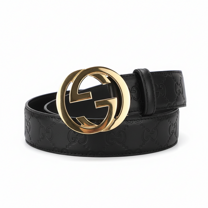 Gucci Leather Belt with Interlocking G buckle "Black-Gold"