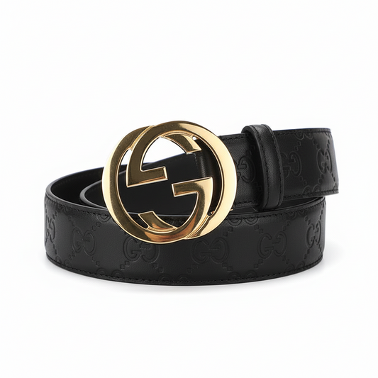 Gucci Leather Belt with Interlocking G buckle "Black-Gold"