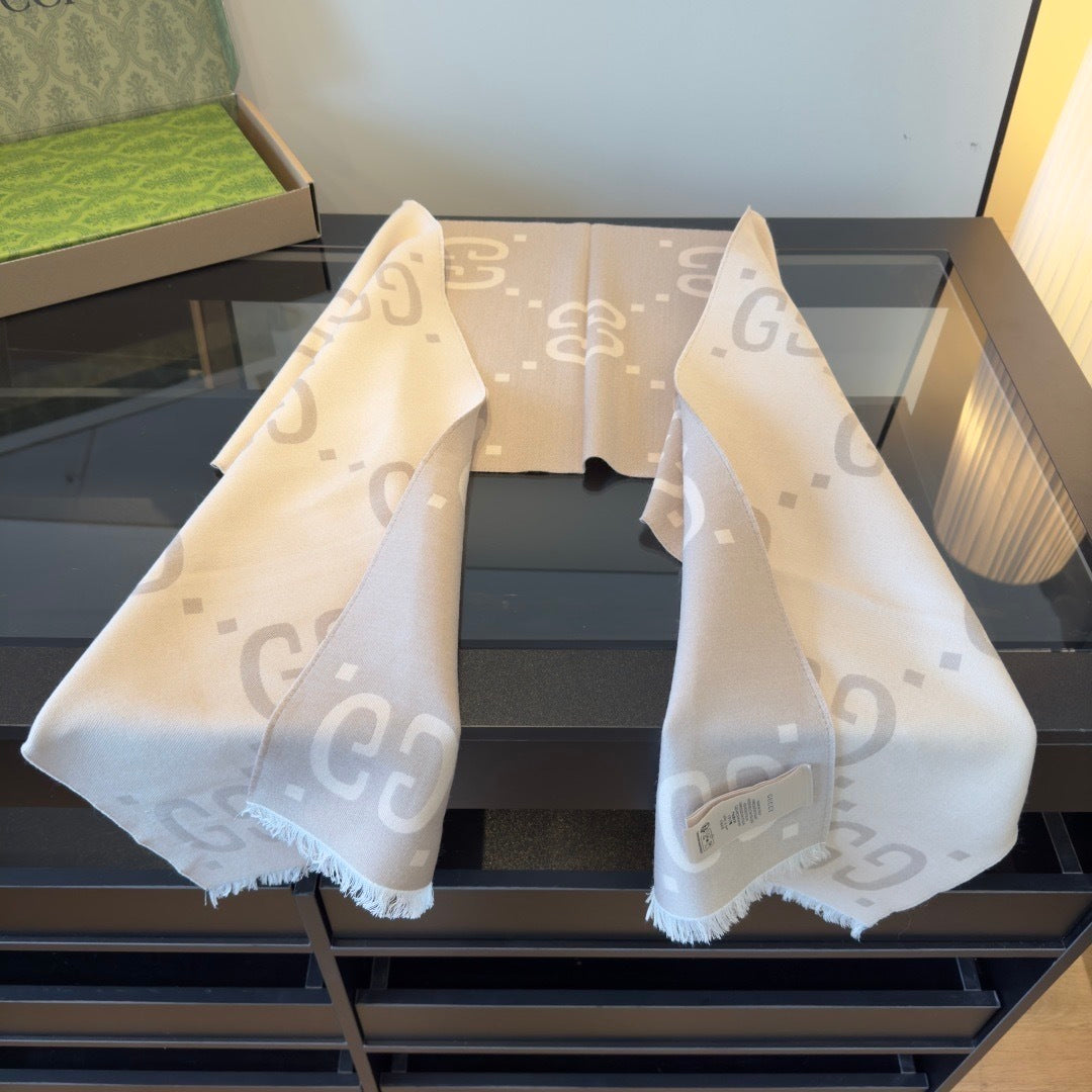 Gucci GG Jacuard Wool and Silk Scarf "Cream"