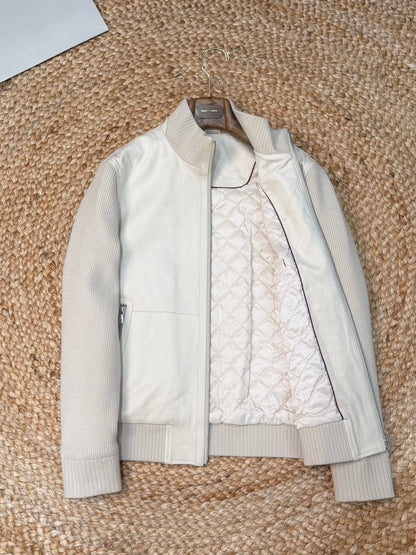 Brunello Cucinelli Suede and Wool Knit Bomber Jacket "Ivory"