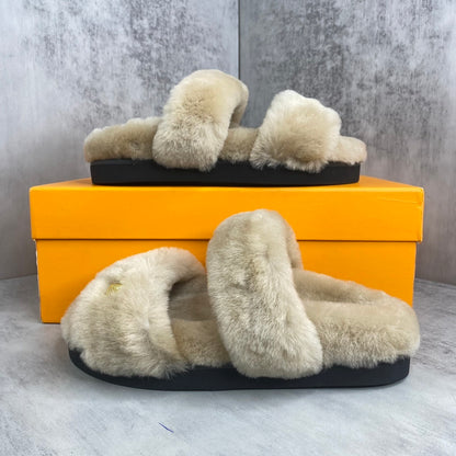 Louis Vuitton Sunset Comfort Nude Shearling Flat Mules "Beige"