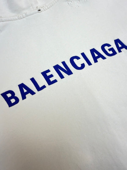 Balenciaga Logo Embroidered Distressed Zip-up Hoodie "White-Blue"