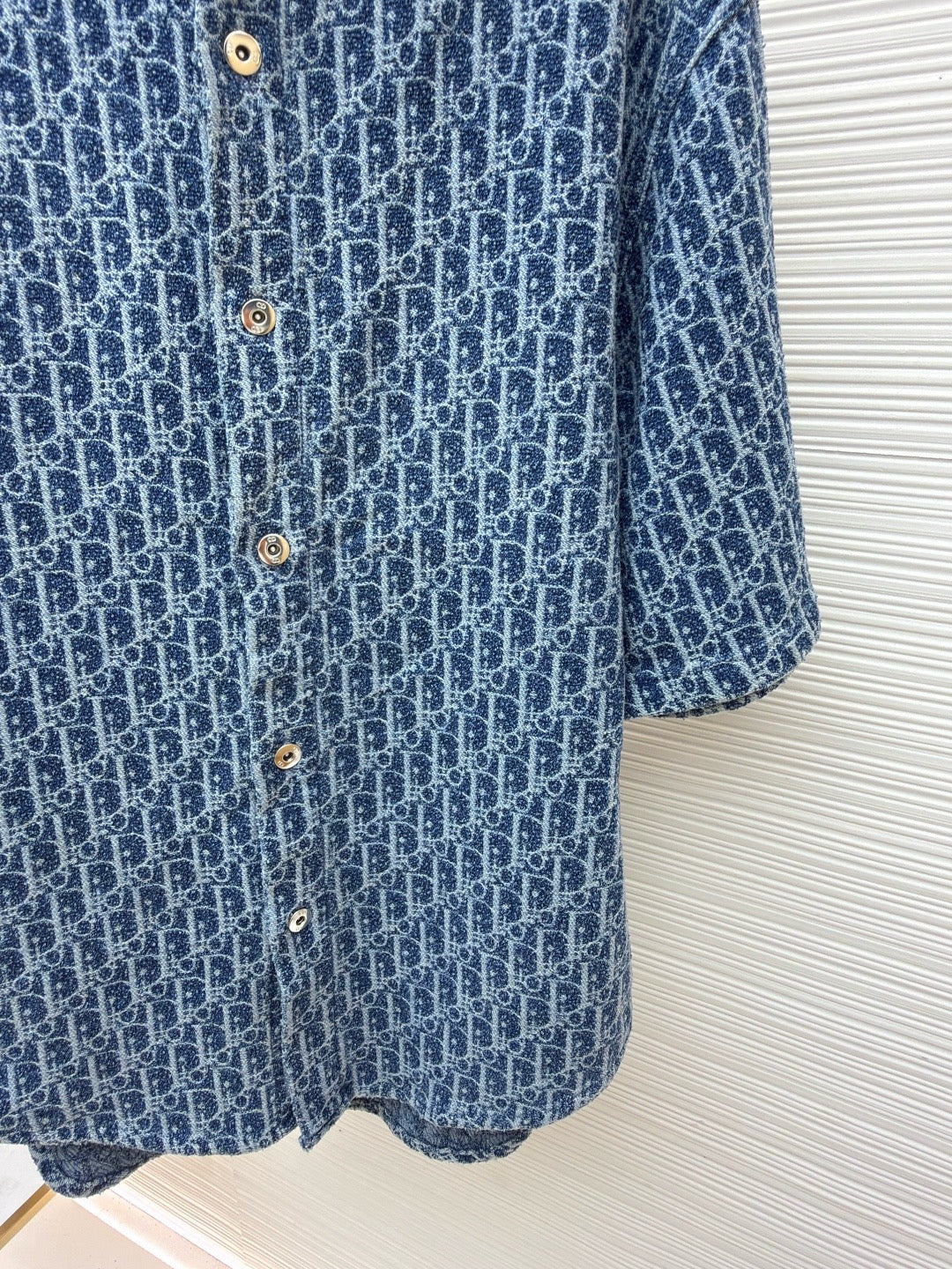 Dior Oblique Short-Sleeved Shirt "Blue Spongy Cotton-Blend Twill"