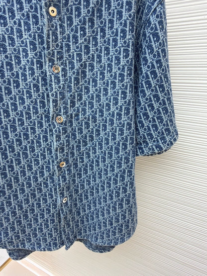 Dior Oblique Short-Sleeved Shirt "Blue Spongy Cotton-Blend Twill"