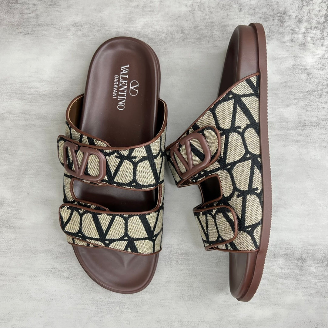 Valentino Garavani VLogo Toile Iconographe Double-Strap Sandals "Beige-Brown-Black"