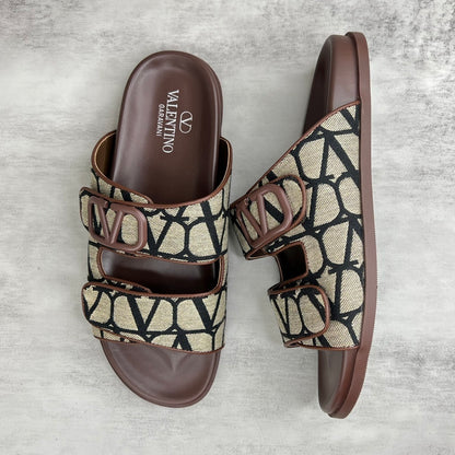 Valentino Garavani VLogo Toile Iconographe Double-Strap Sandals "Beige-Brown-Black"