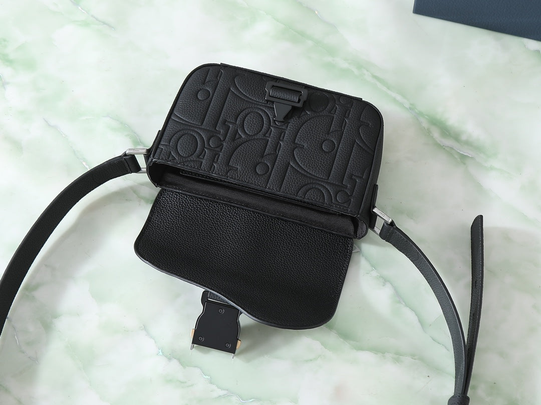 Dior Mini Saddle Heritage Messenger Bag with Flap "Black Dior Gravity Grained Leather"