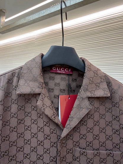 Gucci GG Canvas Linen Blend Bowling Shirt "Brown"