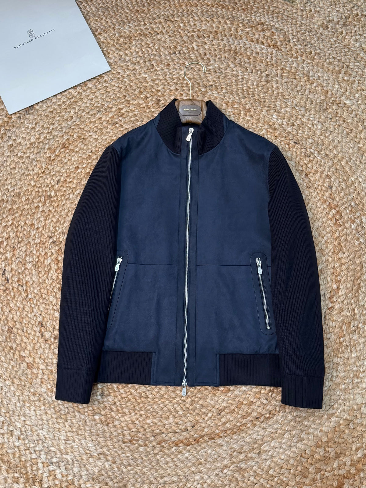 Brunello Cucinelli Suede and Wool Knit Bomber Jacket "Navy Blue"