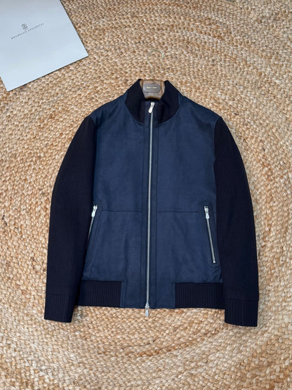 Brunello Cucinelli Suede and Wool Knit Bomber Jacket "Navy Blue"