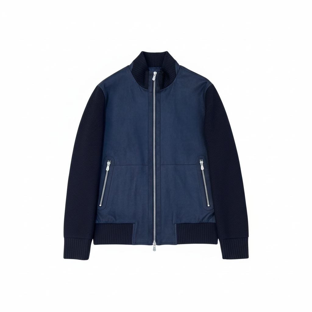 Brunello Cucinelli Suede and Wool Knit Bomber Jacket "Navy Blue"