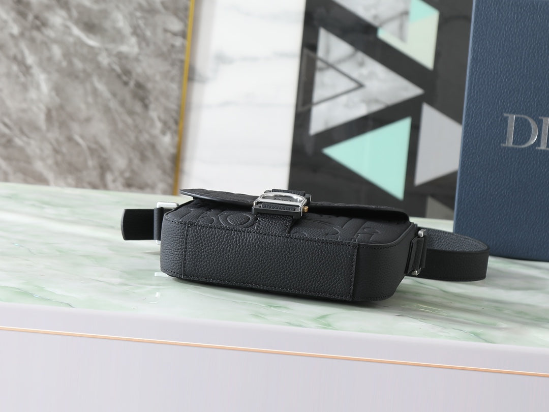 Dior Mini Saddle Heritage Messenger Bag with Flap "Black Dior Gravity Grained Leather"