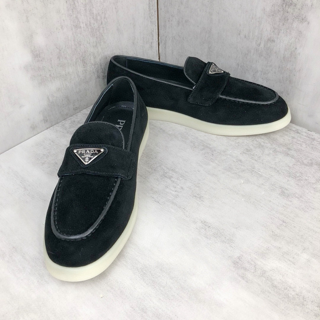 Prada Logo-Plaque Suede Loafers "Black"