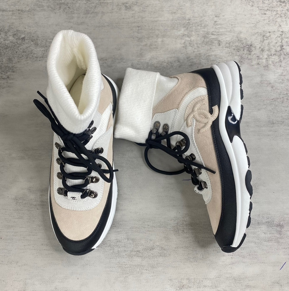 Chanel Interlocking CC Sock Sneakers "Beige-White-Black"