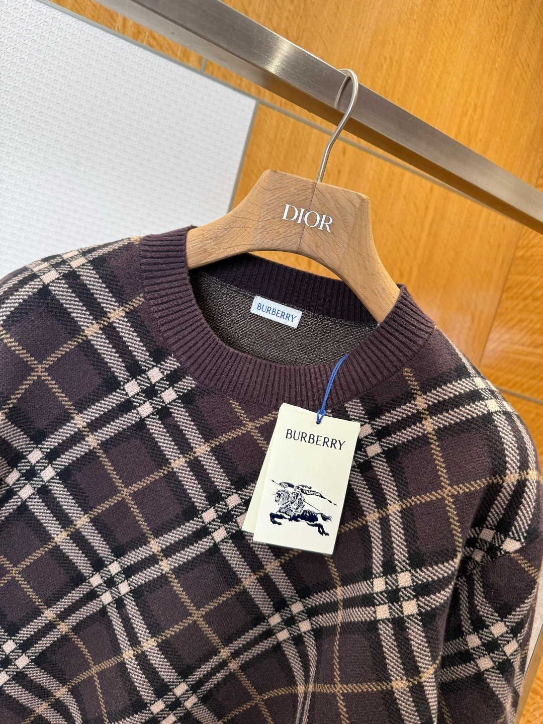 Burberry Check Wool Cashmere Blend Sweater "Truffle Brown"