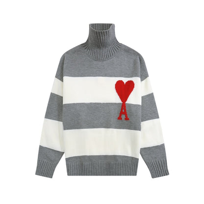 AMI Paris Ami De Coeur Striped Turtleneck Sweater "Grey-White"