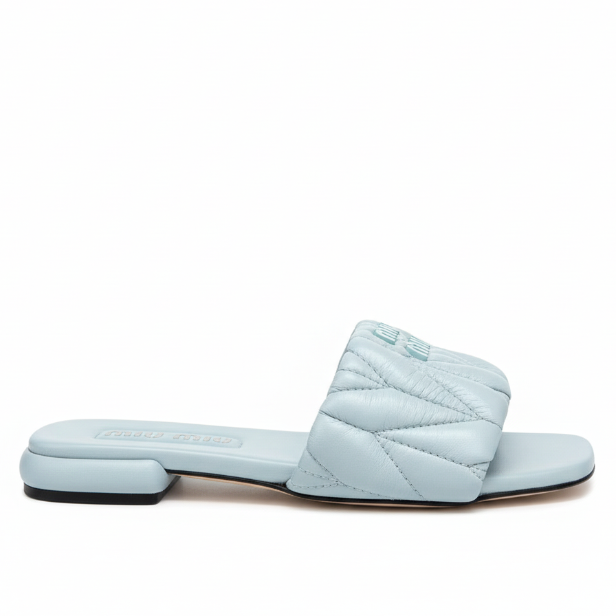 Miu Miu Logo Matelassé Leather Slides "Light Blue"