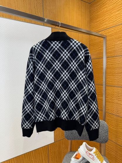 Burberry Check Cotton Wool Bomber Jacket "Ink Blue"