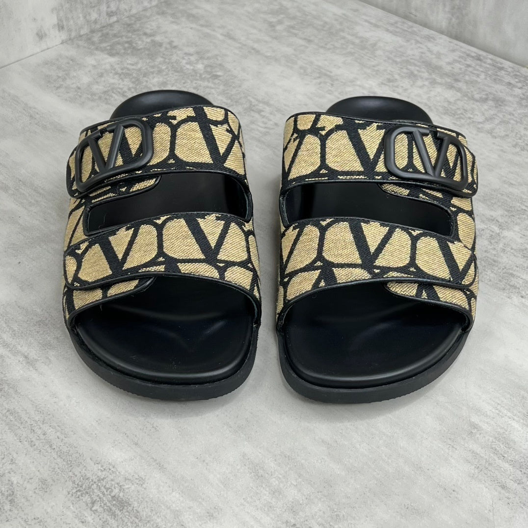 Valentino Garavani VLogo Toile Iconographe Double-Strap Sandals "Beige-Black"
