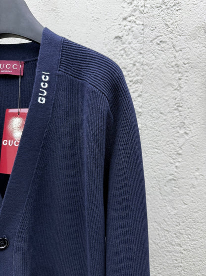 Gucci Silk Cotton Cardigan with Intarsia "Dark Blue"