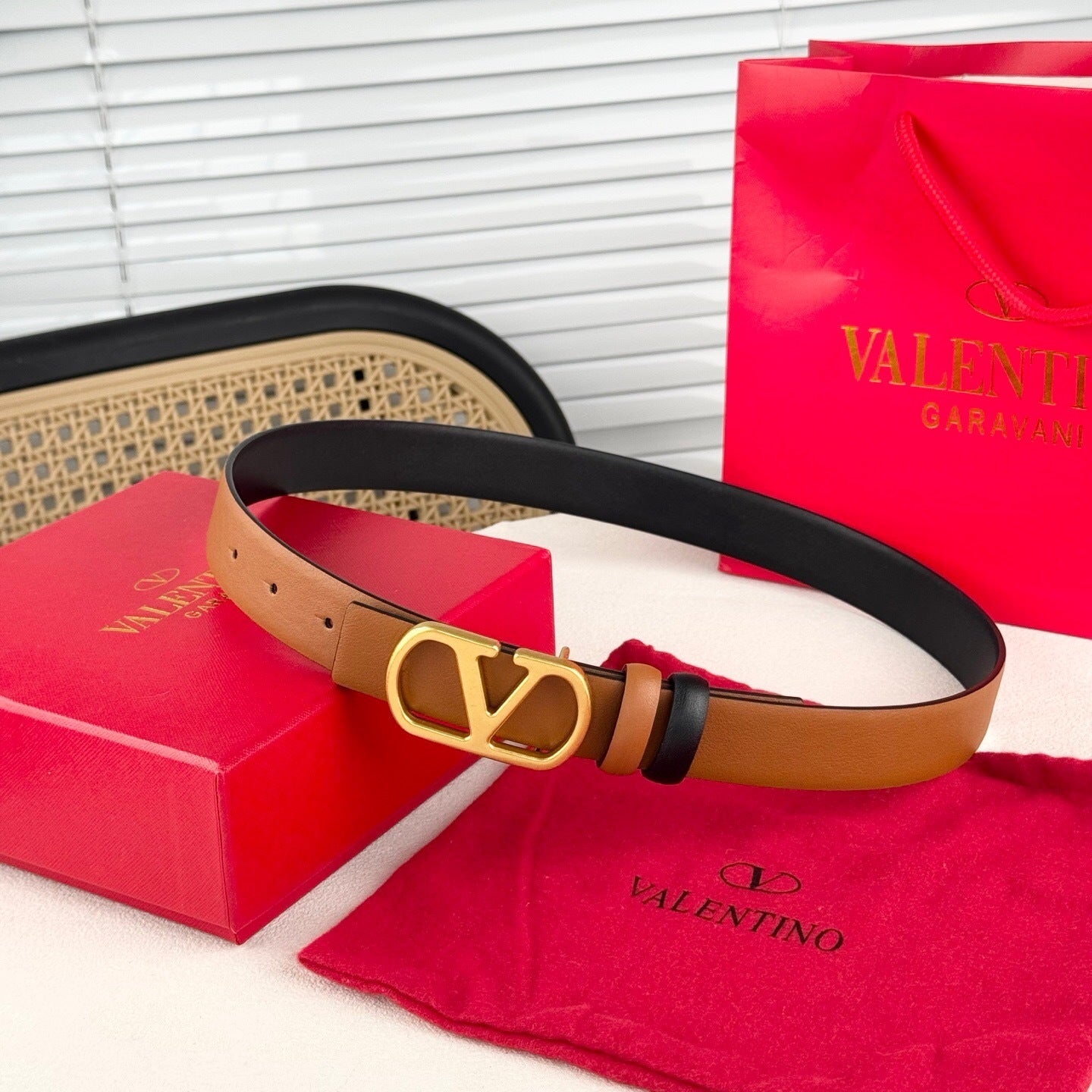 Valentino VLogo Signature Reversible 30mm Leather Belt "Camel" and "Black"
