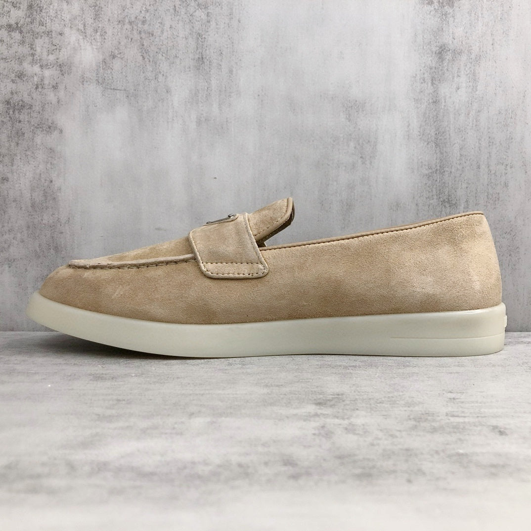 Prada Logo-Plaque Suede Loafers "Beige"