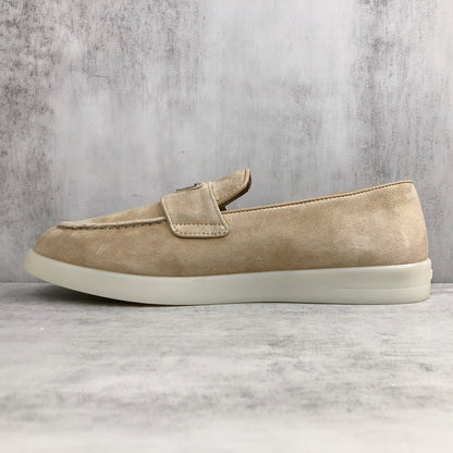 Prada Logo-Plaque Suede Loafers "Beige"