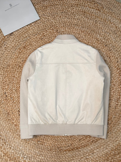 Brunello Cucinelli Suede and Wool Knit Bomber Jacket "Ivory"