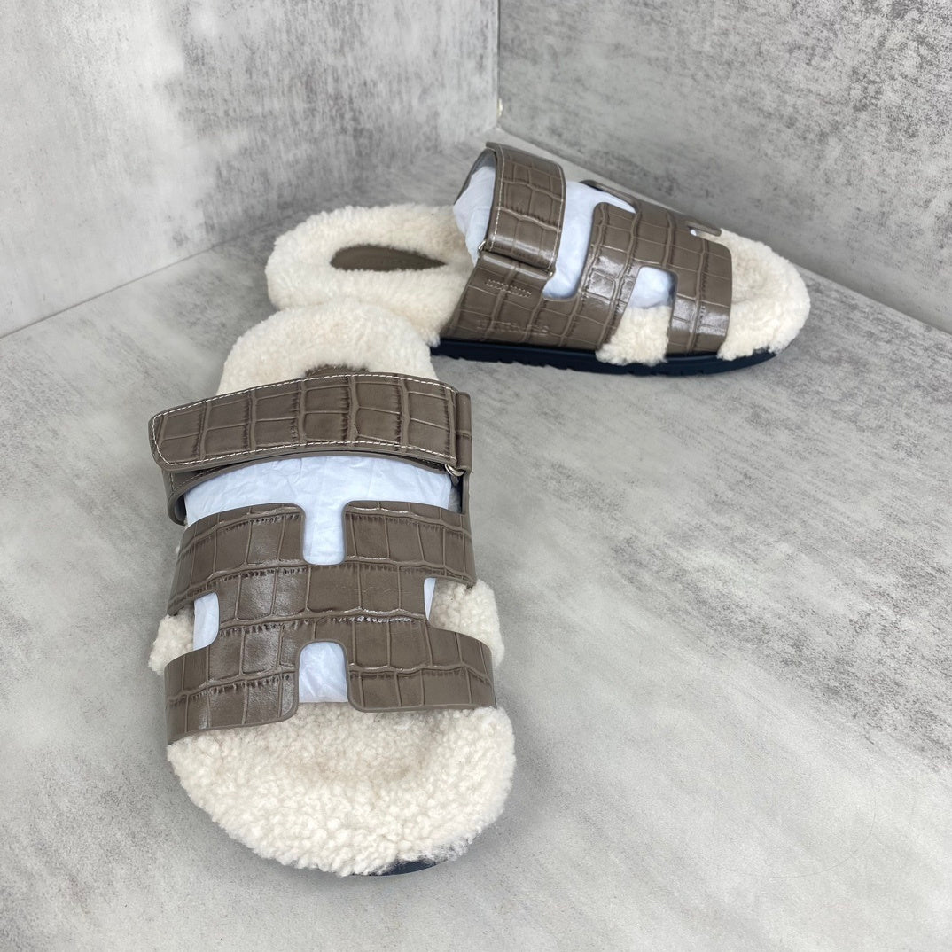 Hermes Chypre Sandals "Taupe Crocodile Pattern"