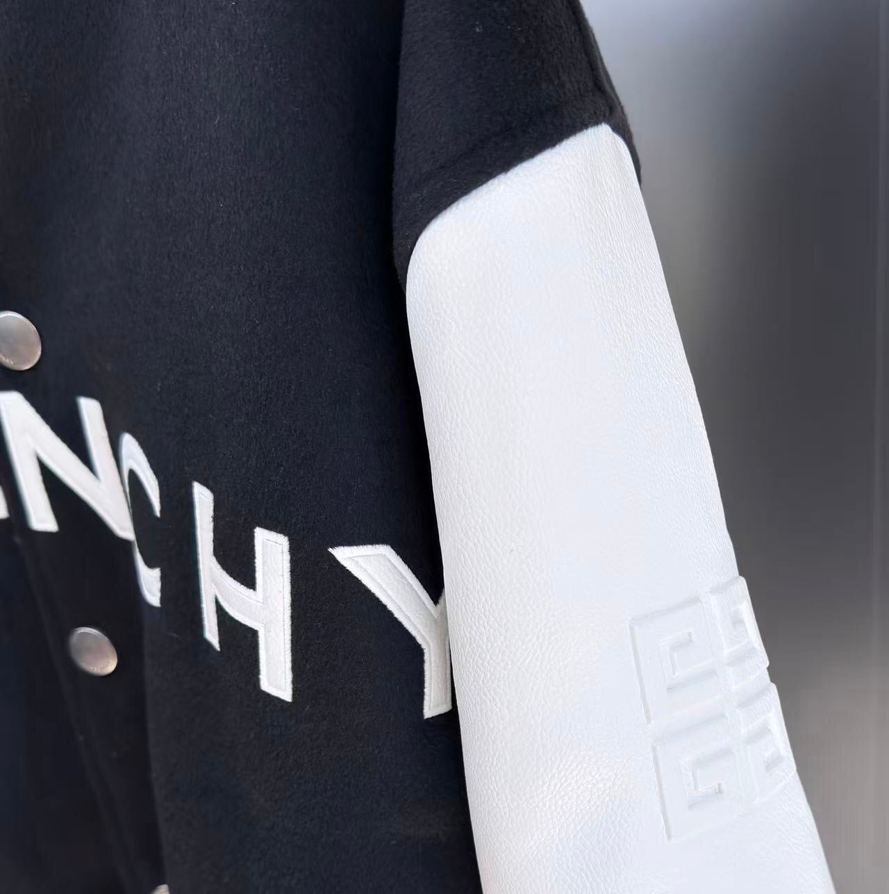 Givenchy Wool Blend and Leather Bomber Jacket "Black-White"
