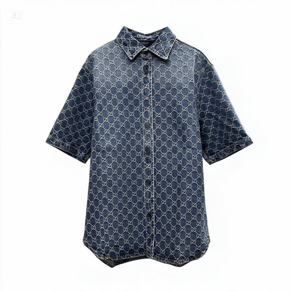 Gucci GG Cotton Denim Jacquard Short-Sleeve Shirt