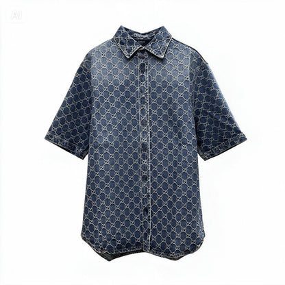 Gucci GG Cotton Denim Jacquard Short-Sleeve Shirt