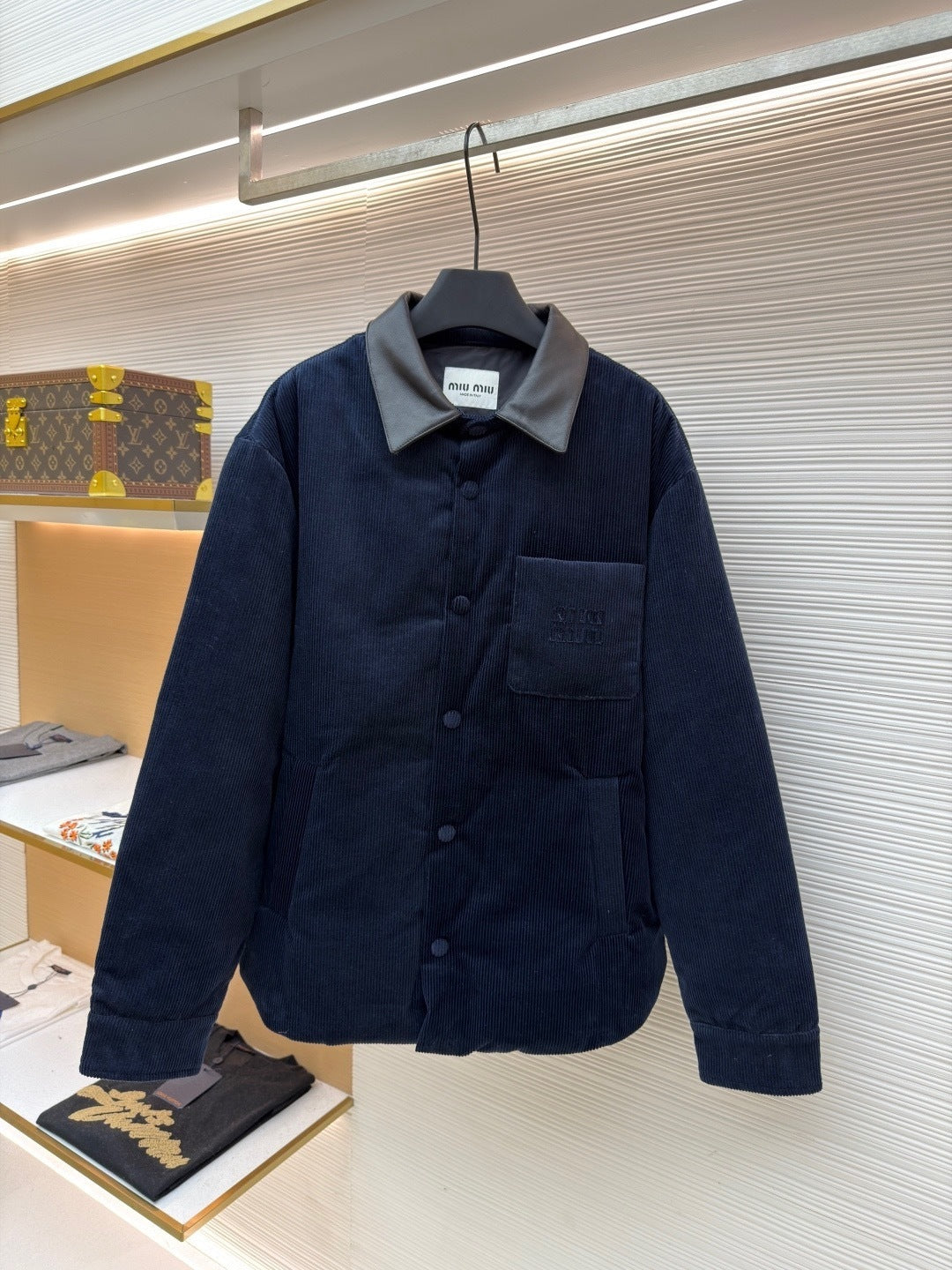 Miu Miu Corduroy and Nappa Leather Down Jacket "Navy"