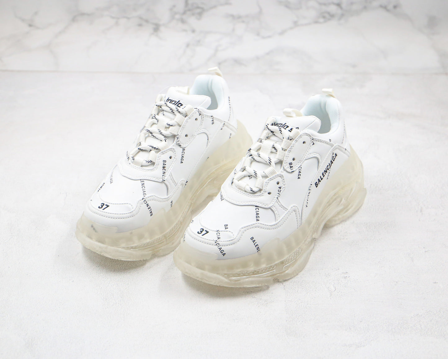 Balenciaga Triple S "White-All Over Logo-Clear Sole"