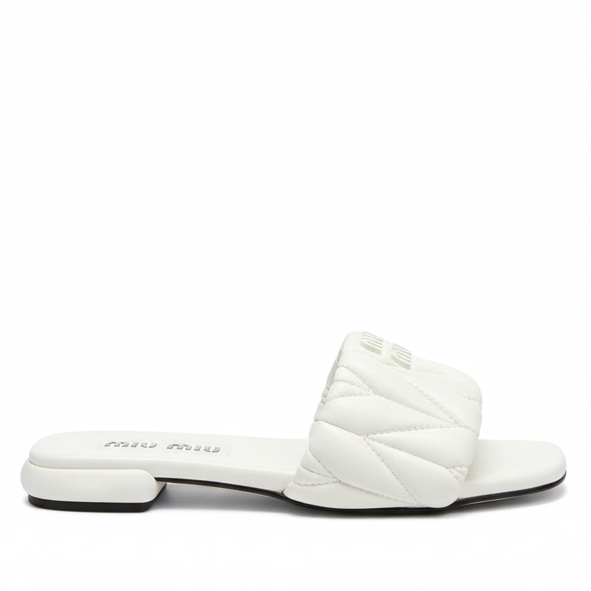 Miu Miu Logo Matelassé Leather Slides "White"