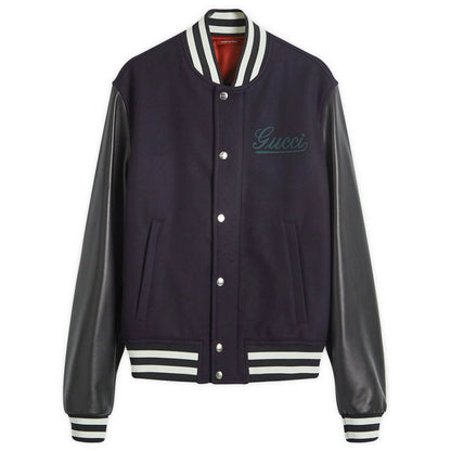 Gucci Wool & Leather Varsity Jacket "Navy Blue"