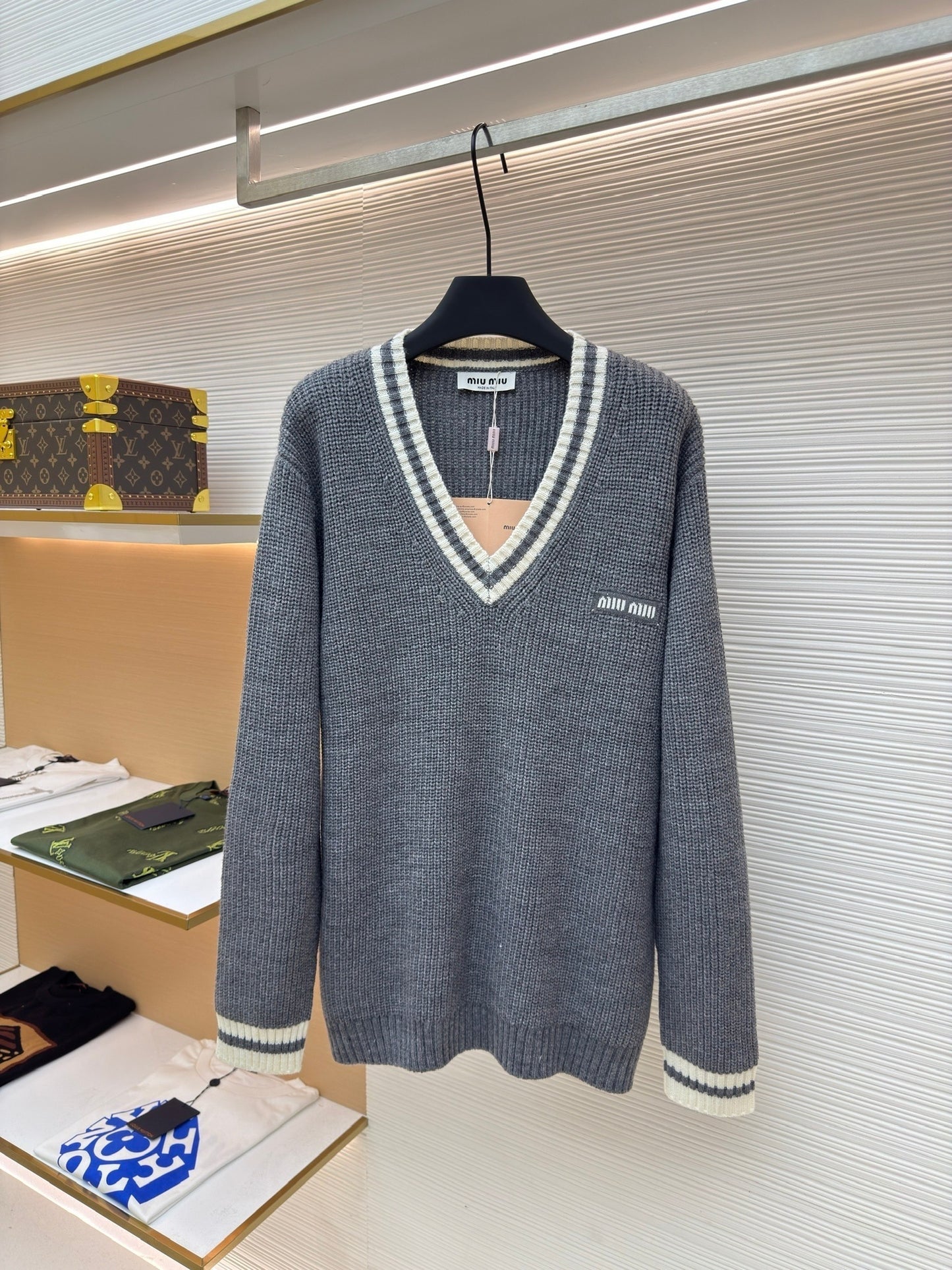Miu Miu Wool and Cashmere V-neck Sweater "Grey"