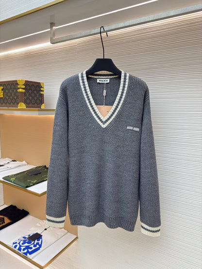 Miu Miu Wool and Cashmere V-neck Sweater "Grey"