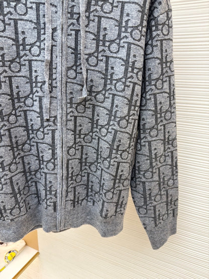 Dior Hooded Zip-up Cardigan "Gray Dior Oblique Wool Blend Jacquard"