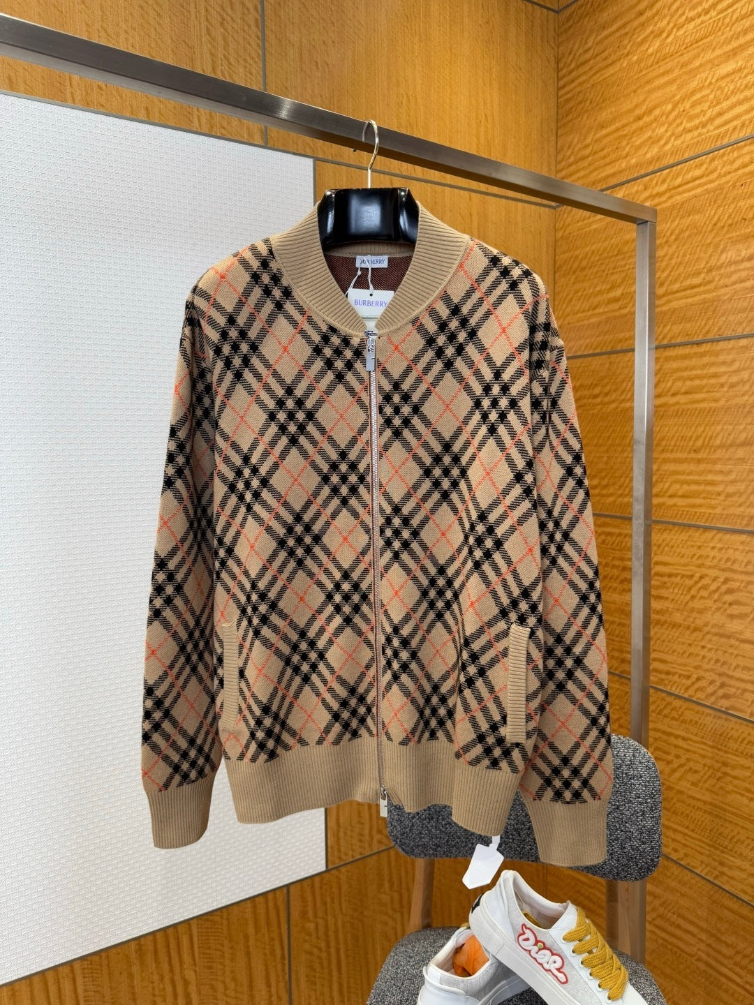 Burberry Check Cotton Wool Bomber Jacket "Sand Beige"