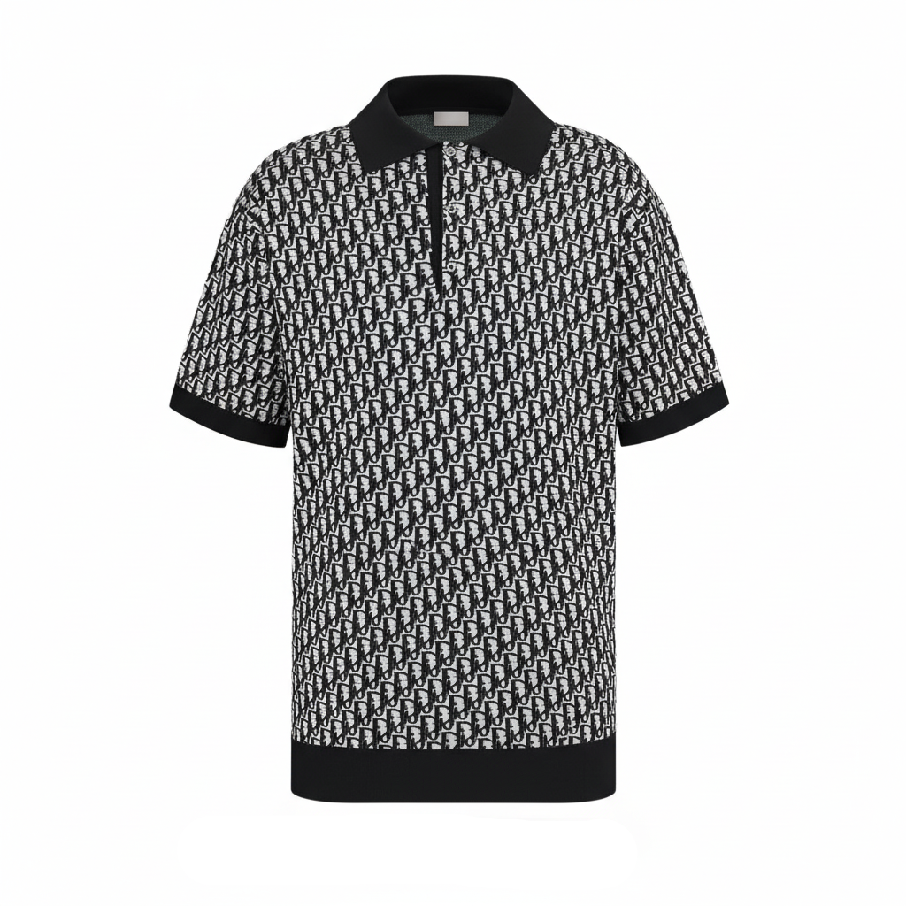 Dior Oblique Polo Shirt "Black , White and Blue Cotton Jacquard"