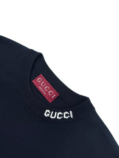 Gucci Silk Cotton T-Shirt with Gucci Intarsia "Navy Blue"