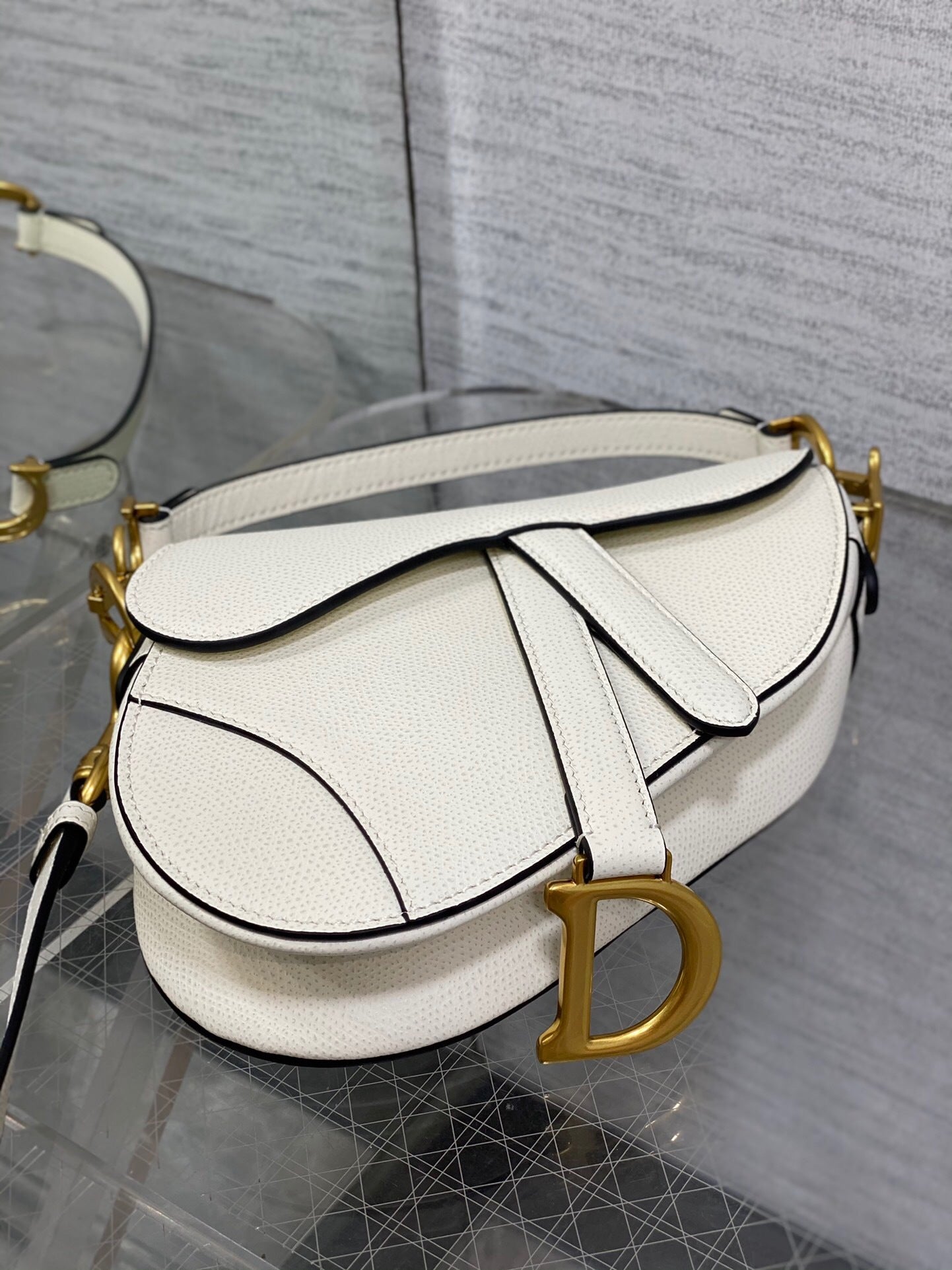 Dior Mini Saddle Bag with Strap "Latte Grained Calfskin"
