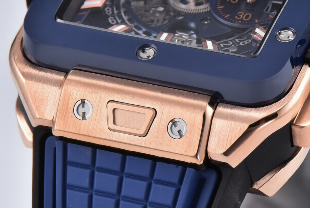 Hublot Square Bang Unico 42mm Rose Gold Blue Rubber Strap Skeleton Dial