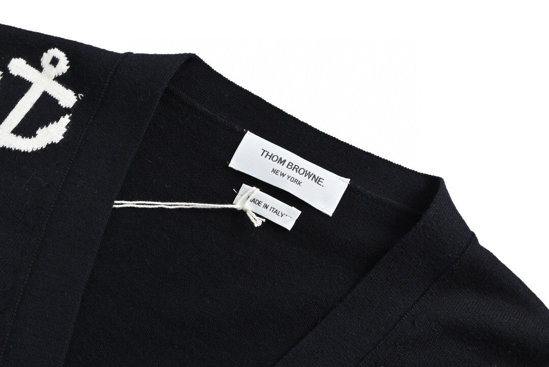 Thom Browne 4-Bar Anchor Print Cardigan "Black"