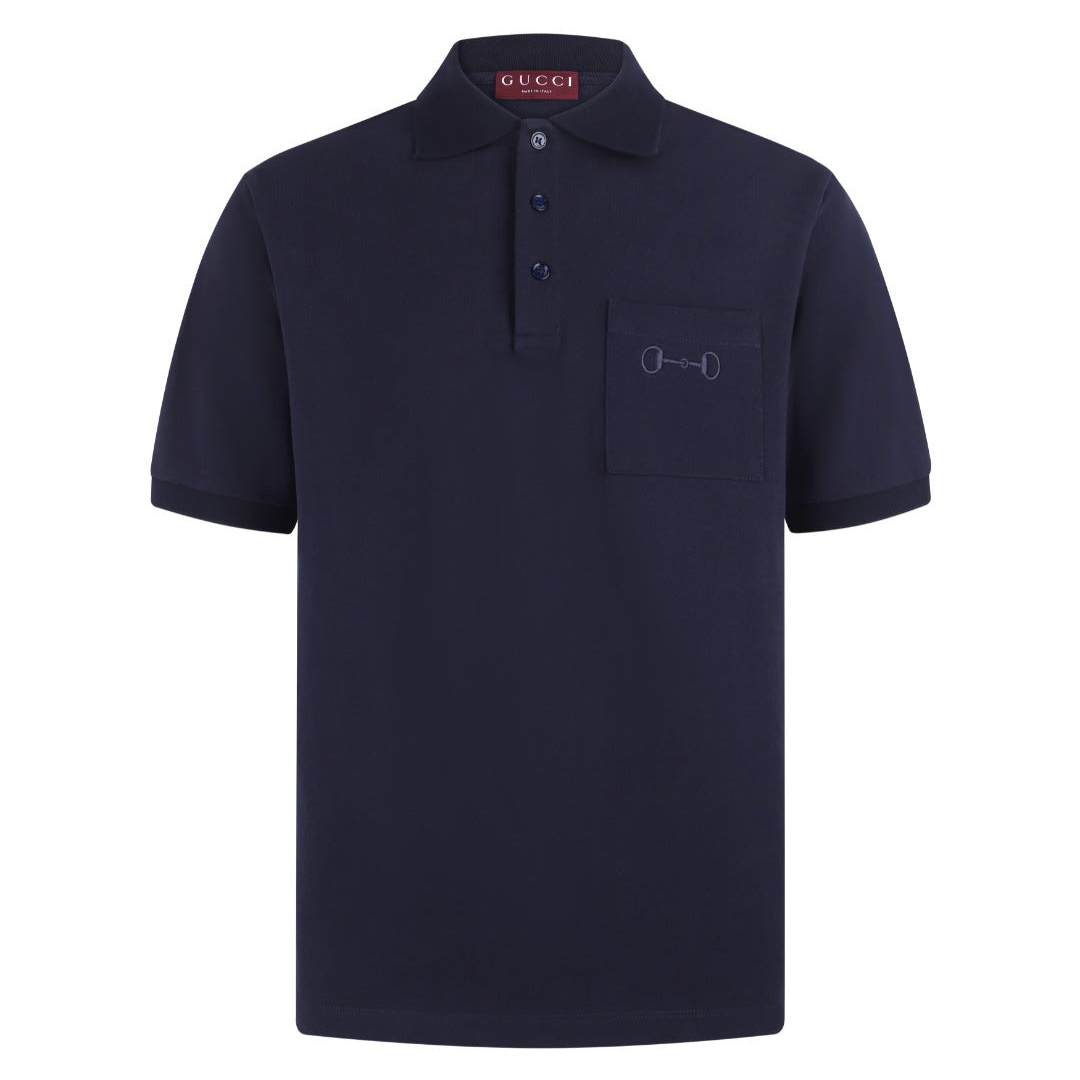 Gucci Cotton Piquet Polo Shirt with Horsebit Embroidery "Navy"