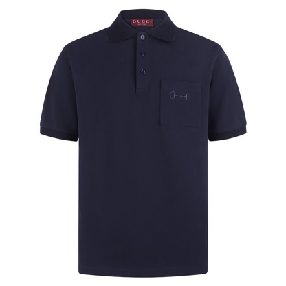 Gucci Cotton Piquet Polo Shirt with Horsebit Embroidery "Navy"